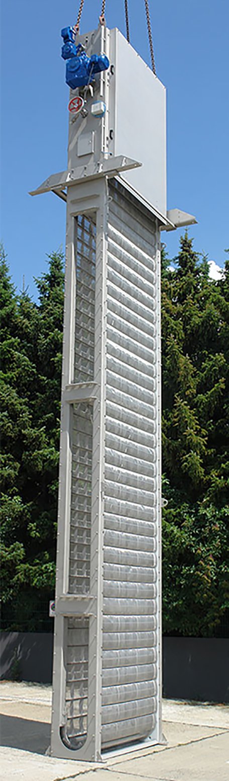 A picture of the Dual Flow Perforated Plate Belt Screen standing up.